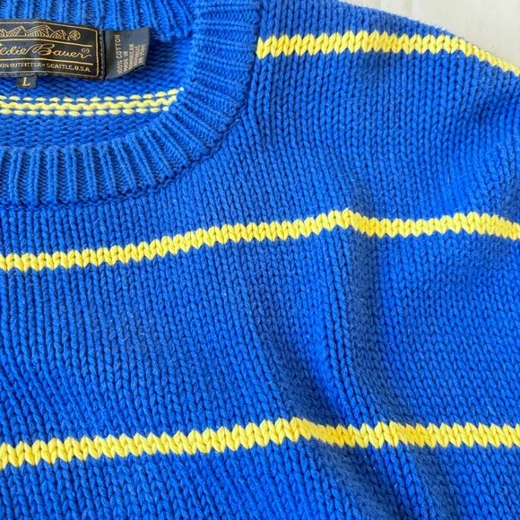 Eddie Bauer Vintage 
Cotton Crew Neck Sweater for Spring
Blue yellow stripes!
L - Picture 13 of 14